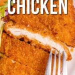 Close-up of breaded and fried chicken cutlet being sliced with a fork, with text overlay reading "How to Bread Chicken." A salad is visible on the side.