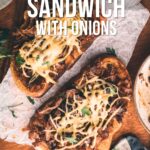 Two slices of toasted bread topped with shredded beef, onions, and melted cheese on parchment paper, with herbs and utensils nearby. Recipe text overlays the image.