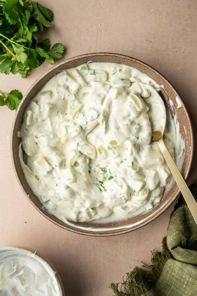 A bowl of creamy cucumber raita with chopped herbs, a spoon, and fresh cilantro garnish on the side.