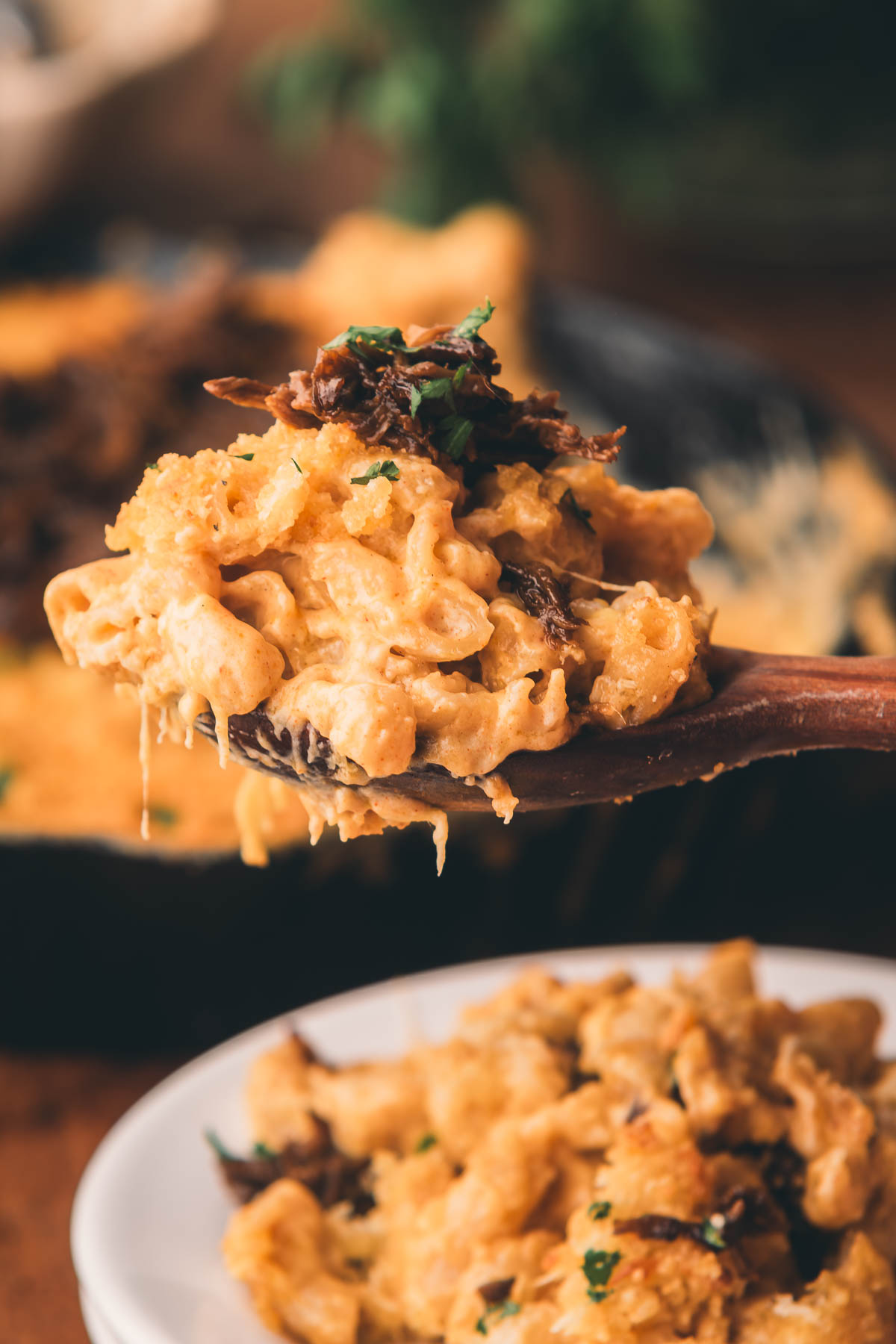 A wooden spoon holds a serving of creamy macaroni and cheese topped with shredded meat, with a plate of the same dish in the background.