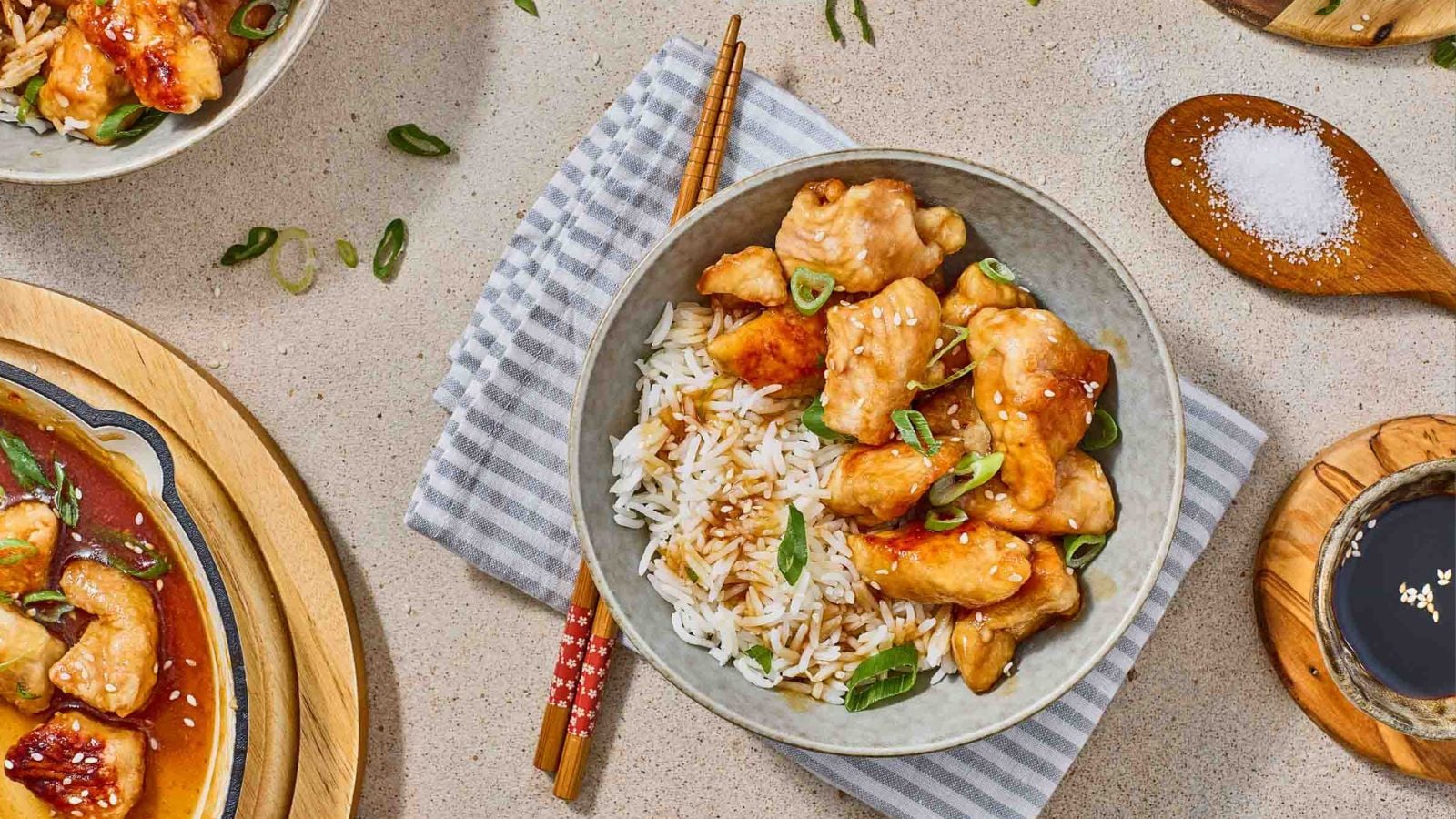 Chicken coated in sweet and tangy sauce.