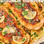 Skillet with breaded chicken breasts topped with lemon slices and herbs, with text: "How to Make Lemon Chicken Romano" and a website link for the recipe.