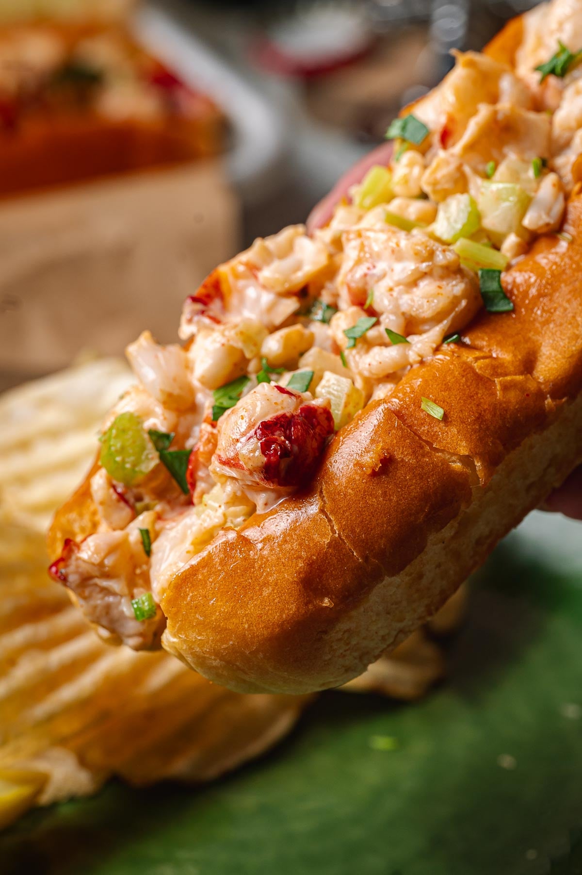 A close-up of a Maine lobster roll in a toasted bun, garnished with chopped green onions and celery, with potato chips in the background.