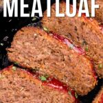 Sliced bison meatloaf topped with ketchup glaze, served in a cast iron skillet, garnished with chopped herbs. Text overlay: "How to make bison meatloaf.