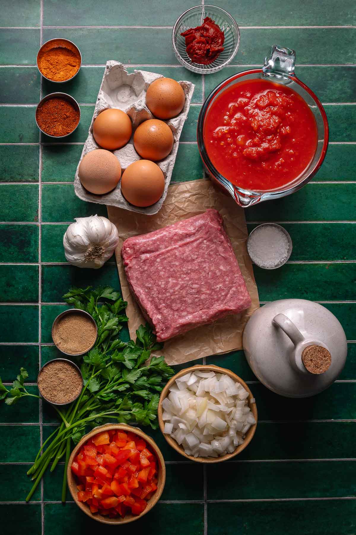 Ingredients on a green-tiled surface: ground lamb, eggs, tomatoes, onion, garlic, parsley, diced tomatoes, seasonings, tomato paste, and oil.