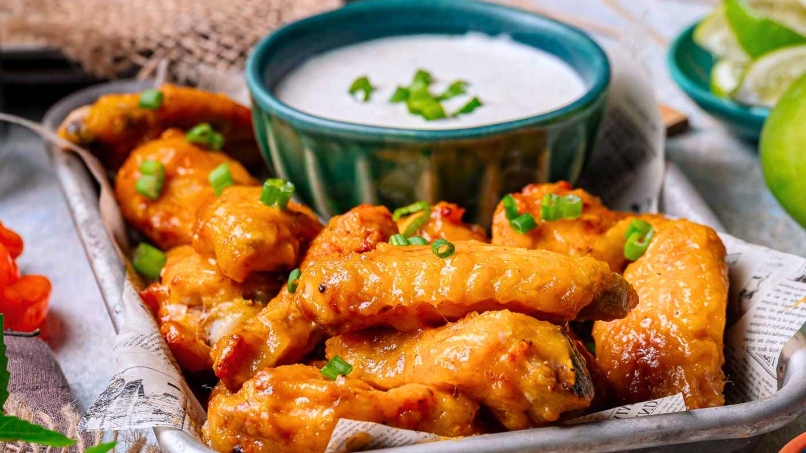 A tray of buffalo chicken wings garnished with chopped green onions, served with a bowl of ranch dip in the background.