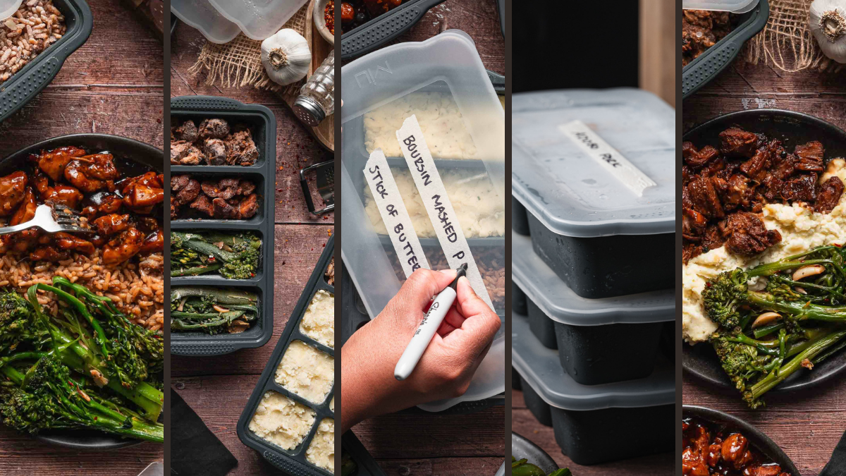 Five panels show meal prep: cooked meals with rice, greens, and meat in containers, mashed potatoes being labeled, and stacked meal containers with lids on a wooden surface.