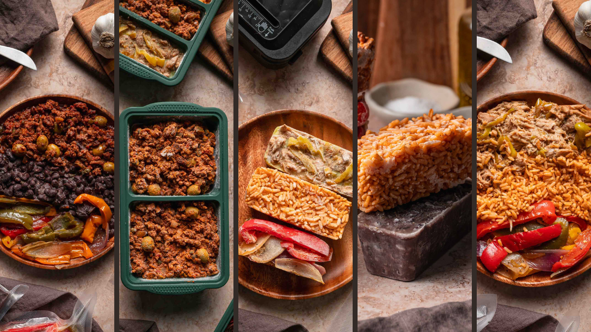 Five sections show various packaged and plated meals, including rice, beans, meats, and vegetables, arranged neatly on a textured surface with utensils and napkins nearby.