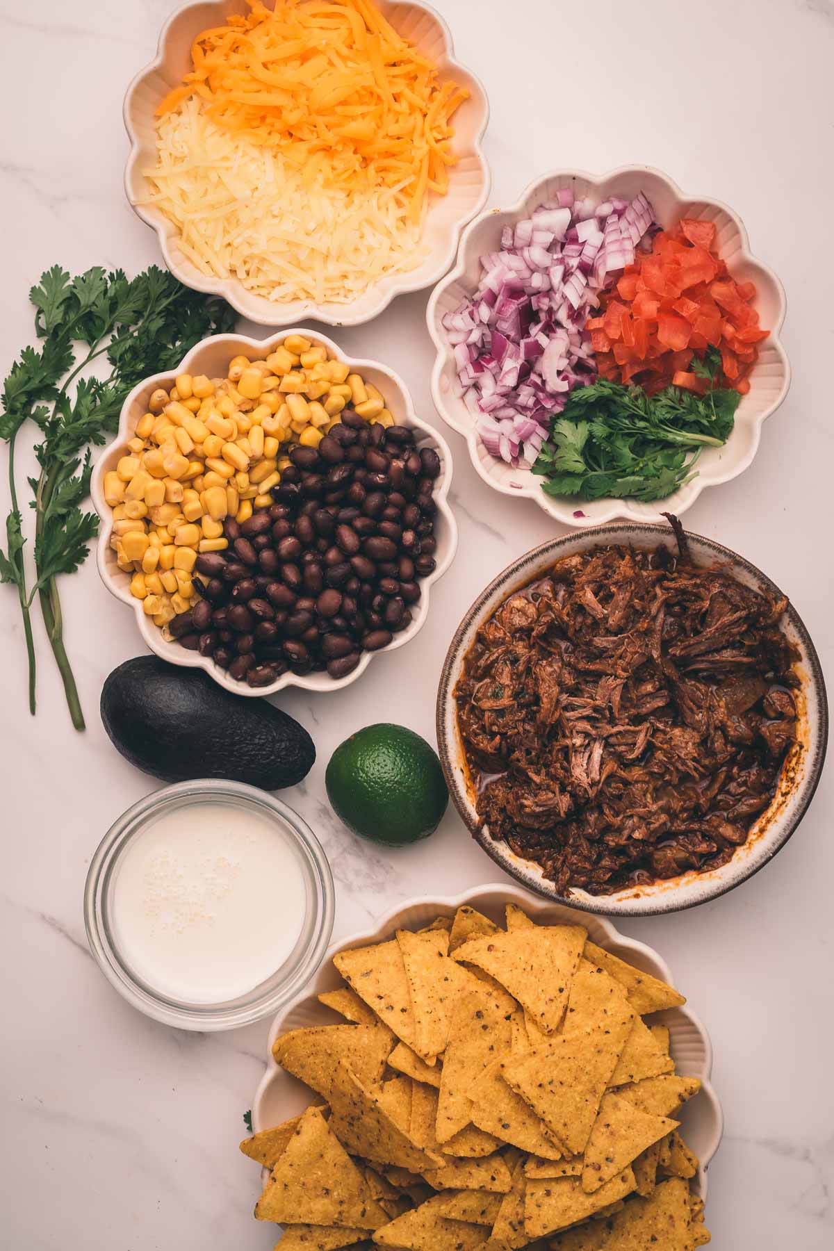 Bowls of shredded cheese, chopped onions, tomatoes, cilantro, corn, black beans, shredded Mexican beef, sour cream, tortilla chips, and whole avocado and lime displayed on a white surface.