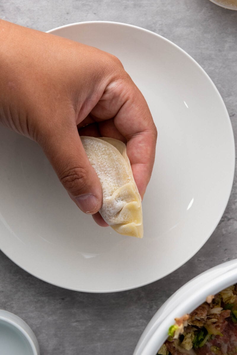 A hand holds a pleasted, uncooked dumpling over a white plate, with a bowl of filling and a small dish visible nearby.
