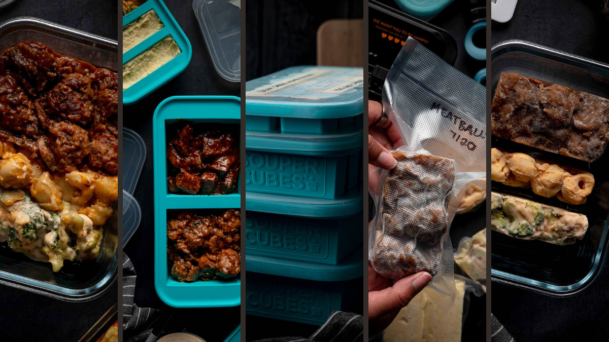 A collage shows various meal prep containers, divided trays, freezer cubes, and vacuum-sealed food portions organized on a dark surface.