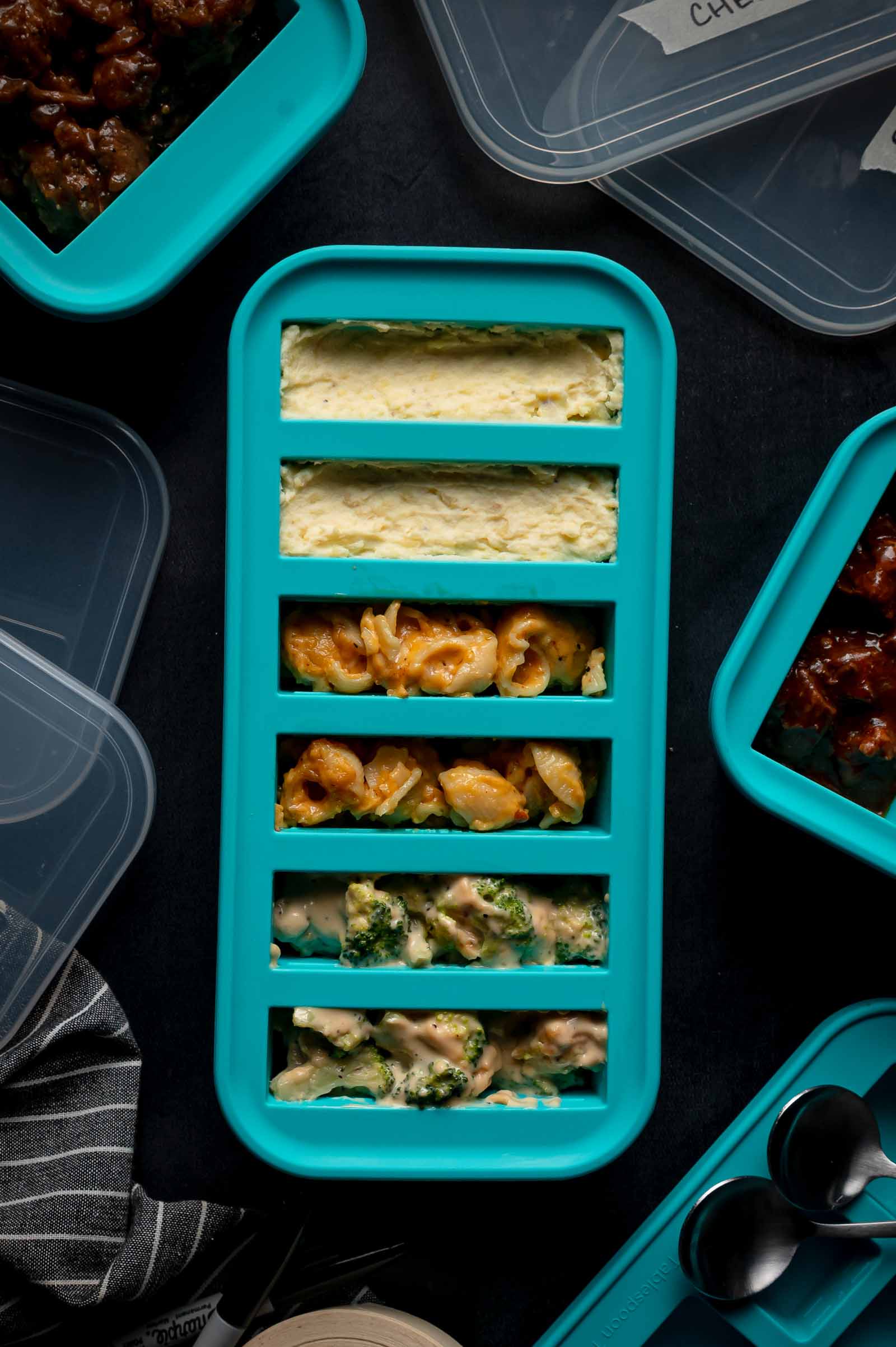 A blue silicone tray is filled with different kinds of frozen meal prep recipes, viewed from above, surrounded by meal containers and utensils on a dark surface.