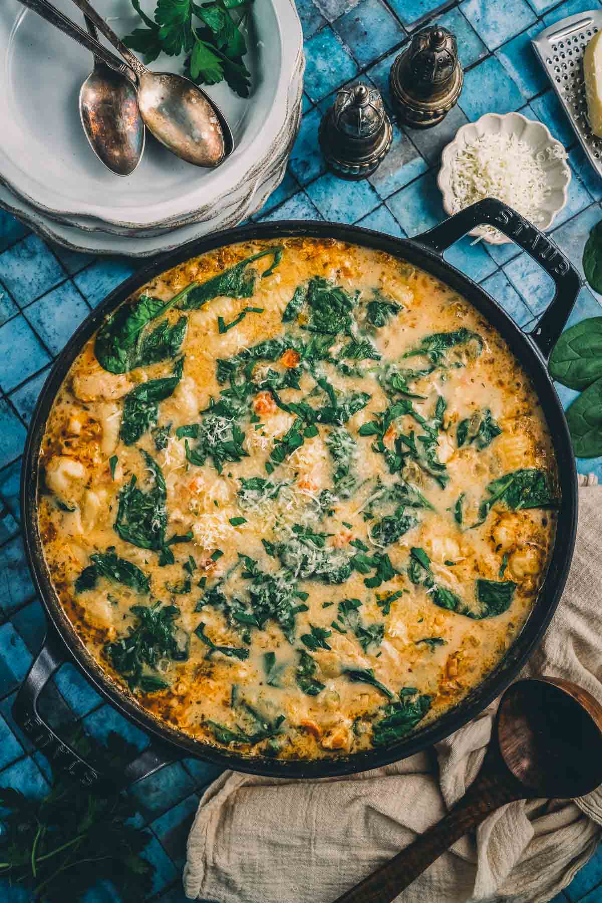 Italian chicken gnocchi soup finished in the braiser, spinach wilted through and parmesan grated over the top.