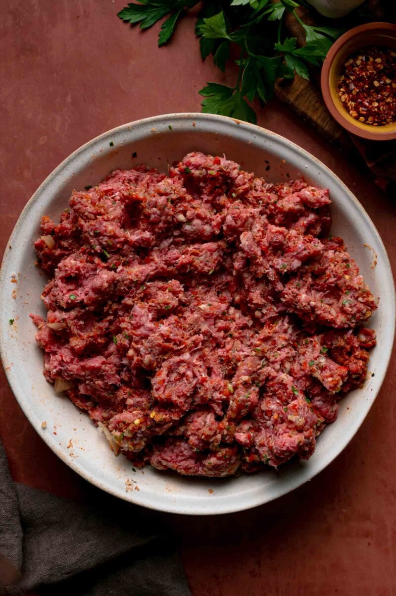 The kebab mixture of ground lamb and beef worked through with the spices and vegetable paste.